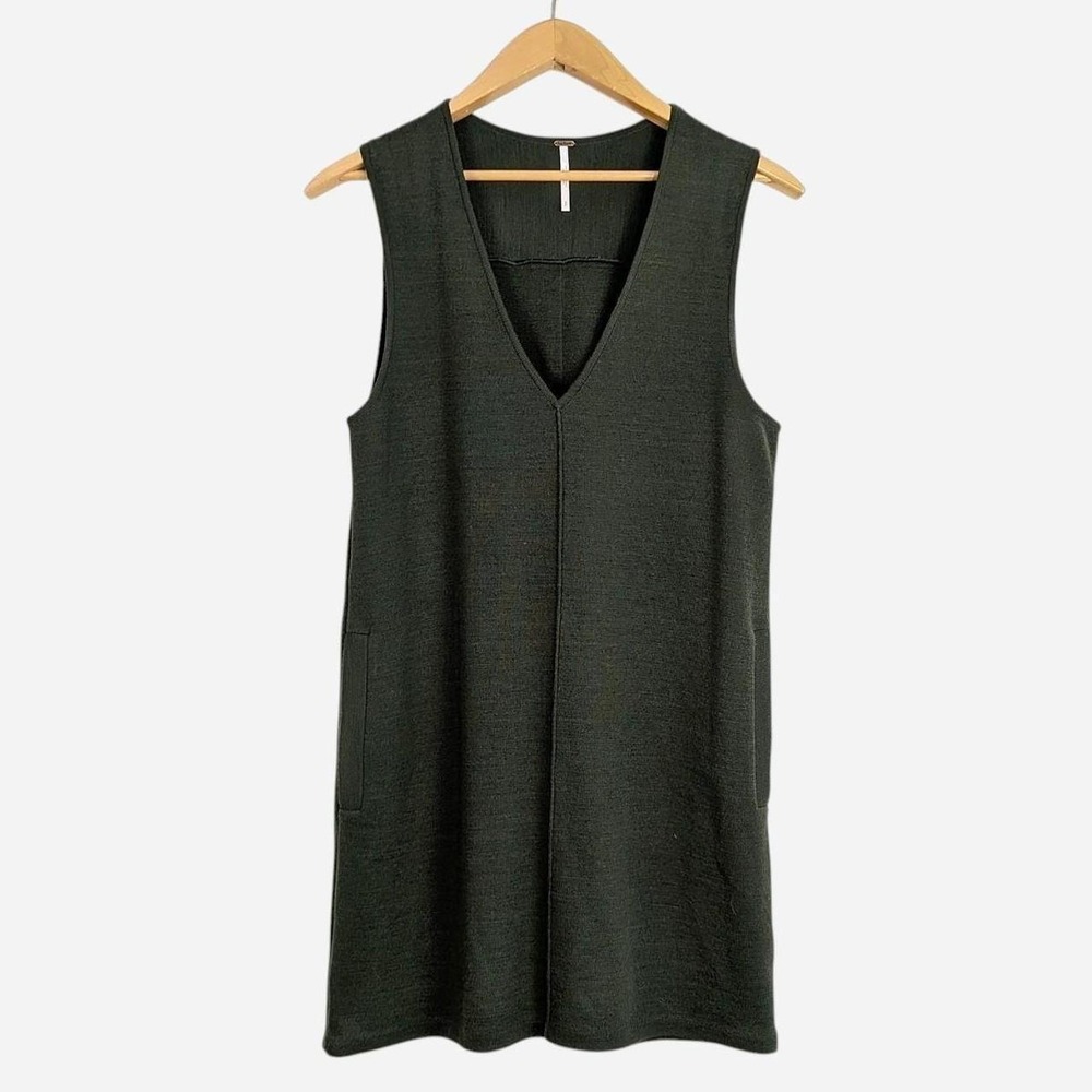 Free People Olive V-Neck Sweater Knit Swing Dress Small - Picture 2 of 8